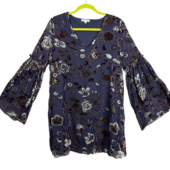 Velvet Burnout Mini Dress Baby Doll Spirit Of Grace Floral Navy Size M Boho Chic - Picture 2 of 11